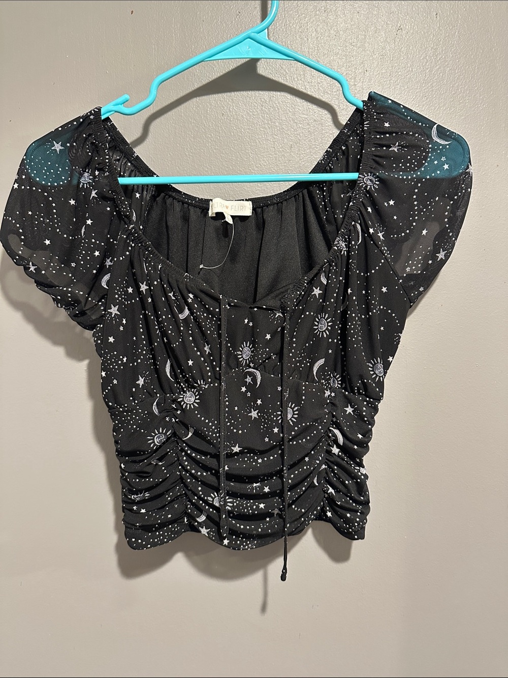 Black Celestial Print Ruched Peasant Top